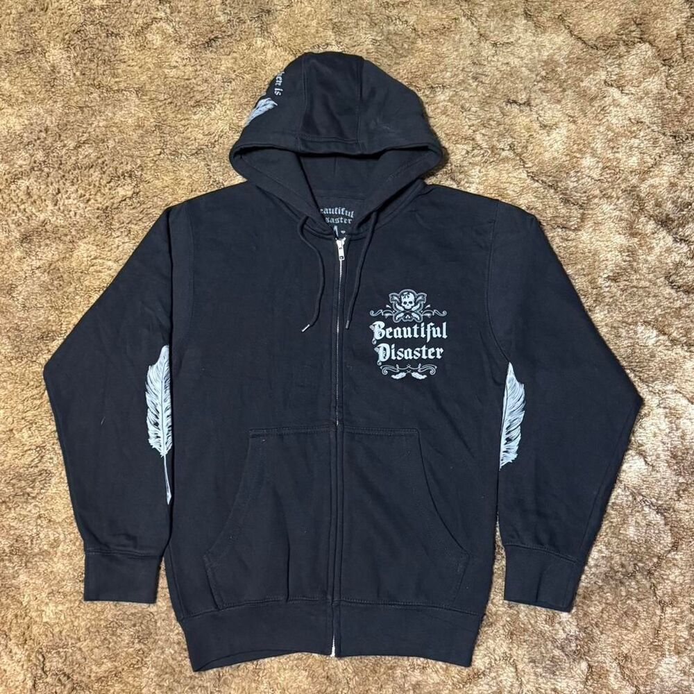 Beautiful Disaster Full Zip Up Hoodie Black Medium - Picture 2 of 8